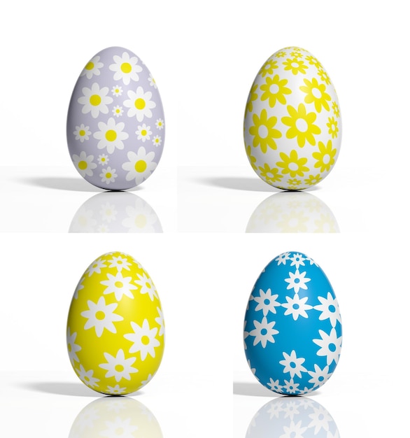 Four colored eggs with flowers isolated on white