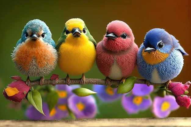 Foto quattro uccelli colorati e piccoli su un ramo fiorito in primavera ia generativa