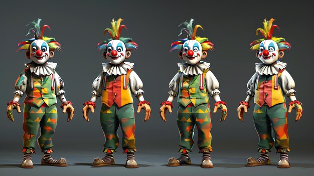 Four colorful clowns with big shoes red noses and crazy hair are standing in a row