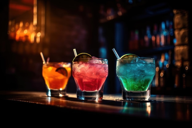 Four colorful cocktails on a bar counter