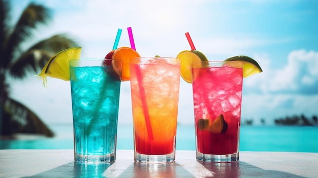 Four colorful cocktails on a bar with a pool in the background