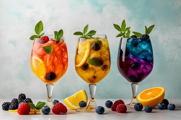 Four colorful cocktails with different flavors on a table