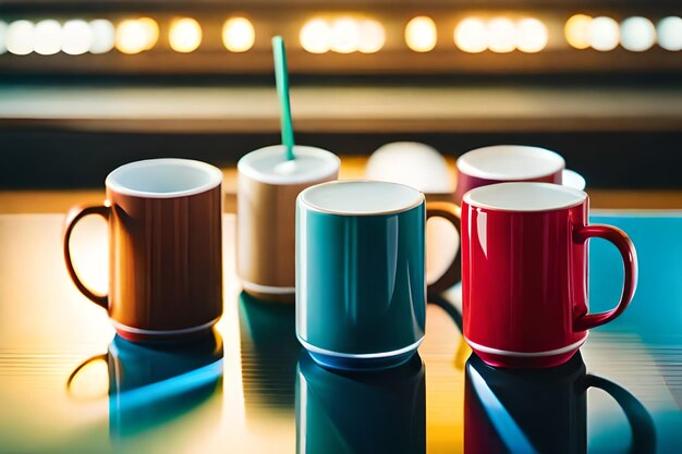 four colorful coffee mugs are lined up on a table