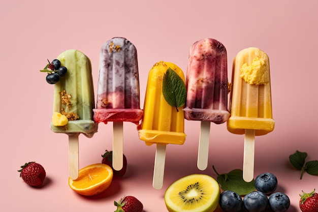 Four colorful fruit popsicles on a vibrant pink background Generative AI