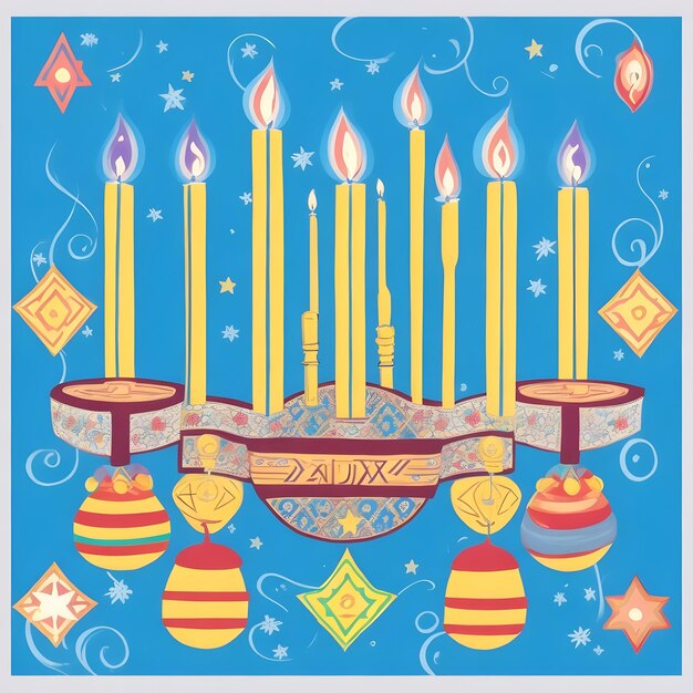 Four colorful happy hanukkah festival menorah and drivels background