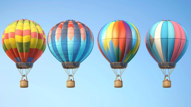 four colorful hot air balloons against a blue sky