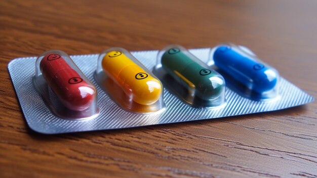 Photo four colorful pills are sitting on a wooden table