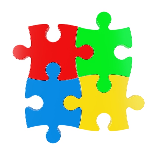 Four Colorful Puzzle Pieces on a red background. 3d Rendering