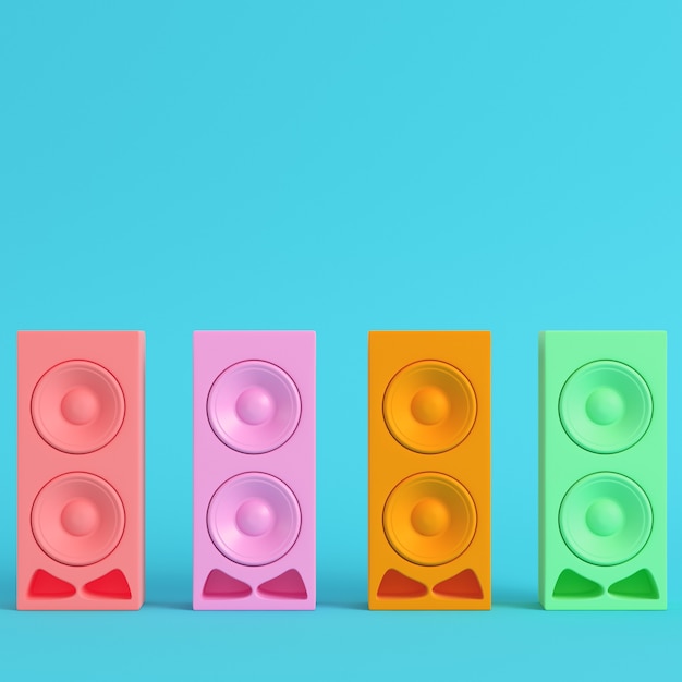 Four colorful speakers on bright blue background in pastel colors