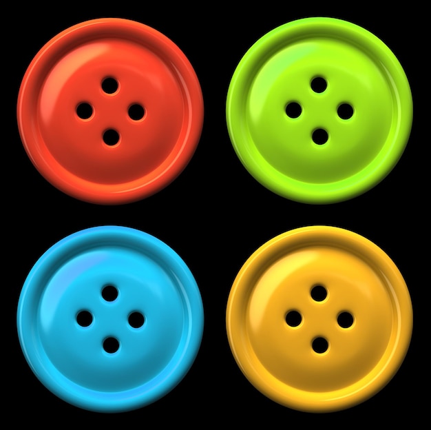 Four colourful buttons for clothing isolated on black background