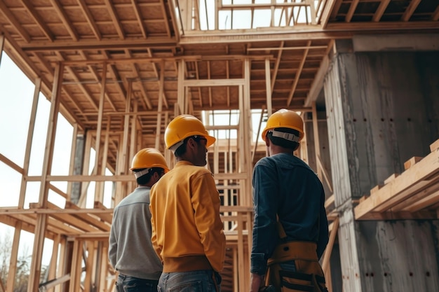 Photo four construction workers inspecting an under construction home hardhat helmet adult
