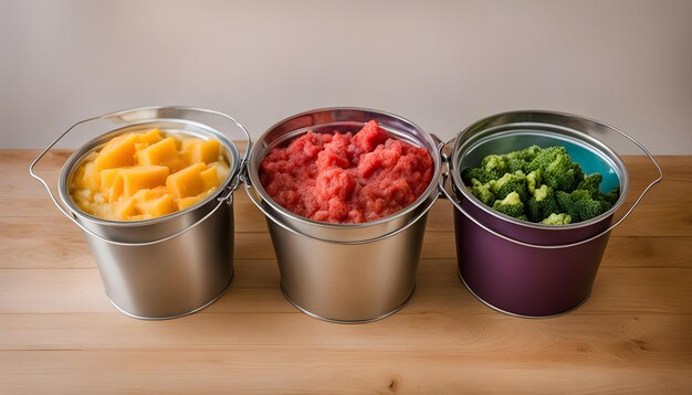 four containers of different fruits and vegetables are on a wooden table