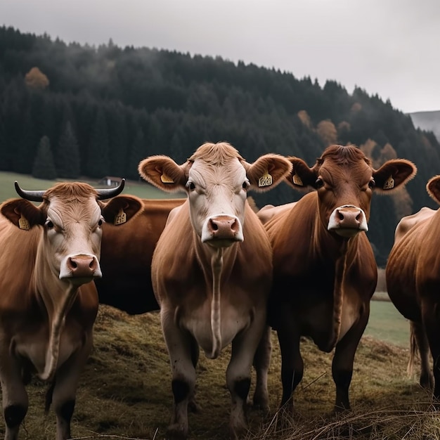 4頭の牛が野原に立っていて、1頭の牛には耳にタグがついています。