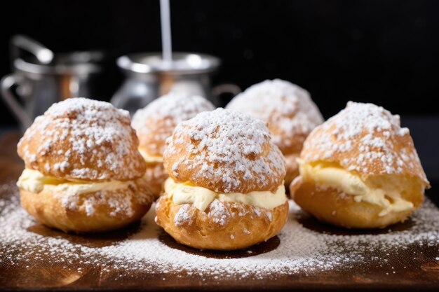 Four cream puffs dusted with powdered sugar