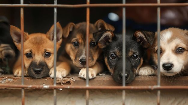 写真 4匹の可愛い子犬がから外に出て動物保護施設で養子組を望んでいます