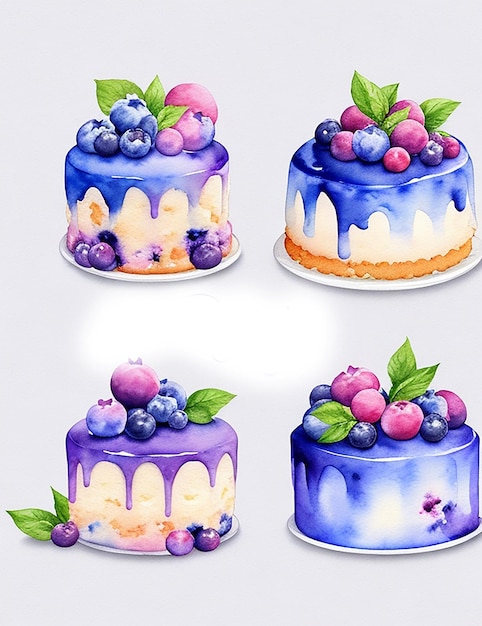 Four detailed isolated blueberry cakes watercolor illustration on white background