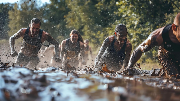 Фото Четыре решительных спортсмена ползают через грязное препятствие во время гонки