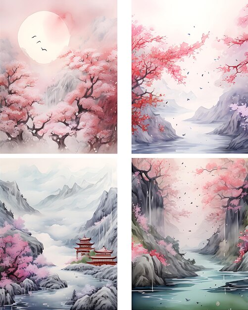 four different asian scenery pictures