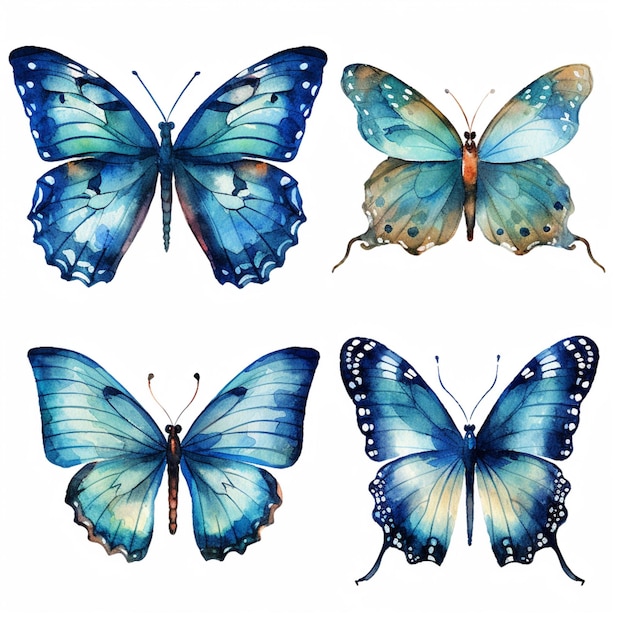 Photo four different butterflies painted in watercolor on a white background. generative ai.