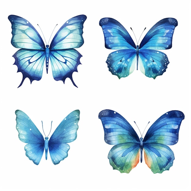 白い背景に水彩で描かれた 4 つの異なる蝶。生成型AI。