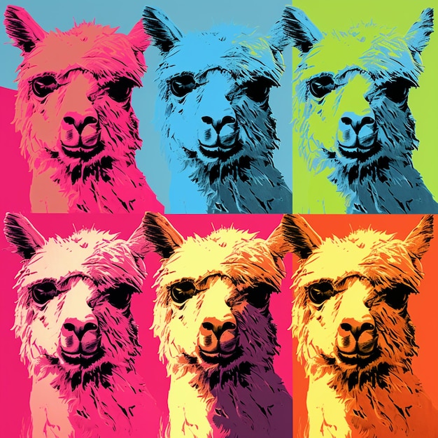 Foto quattro alpacchi di diversi colori con un naso nero e uno bianco