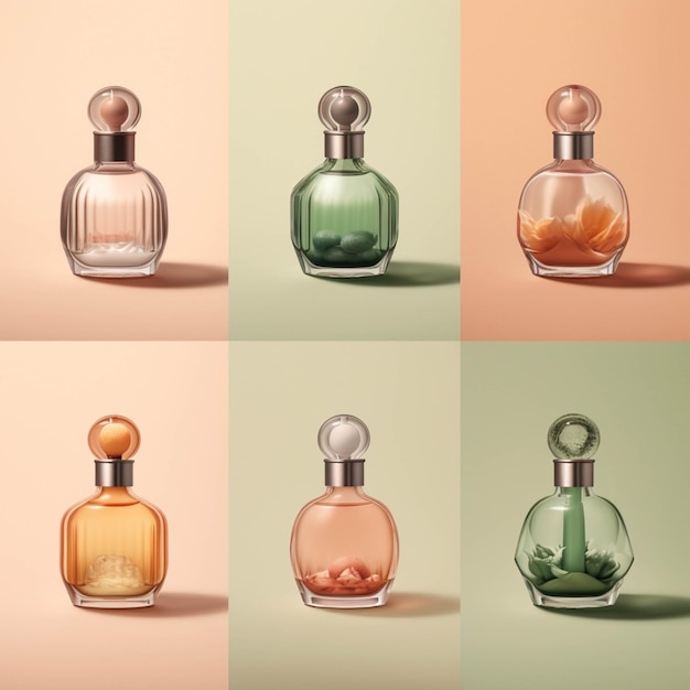 Four different colored bottles of perfume with a single orange generative ai