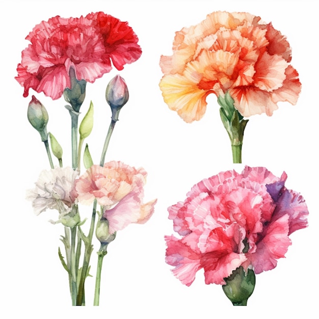 Four different colored carnations on a white background generative ai