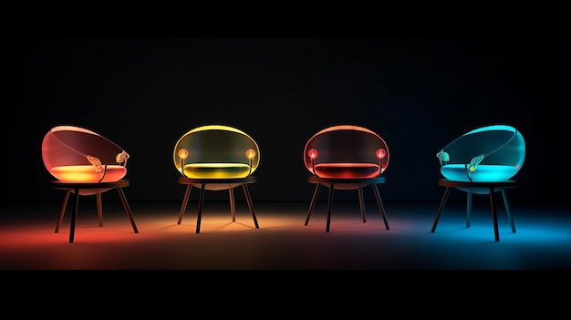 서로 다른 색상의 의자 4개와 원형 스타일의 조명 몇 개