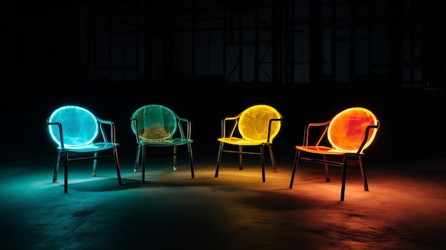 four different colored chairs and some lights in the style of circular shapes