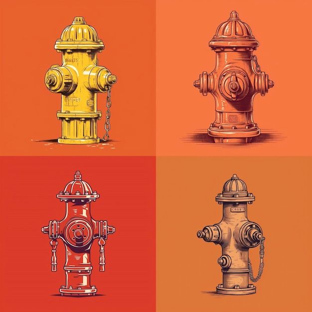 Four different colored fire hydrants are shown on a red background.