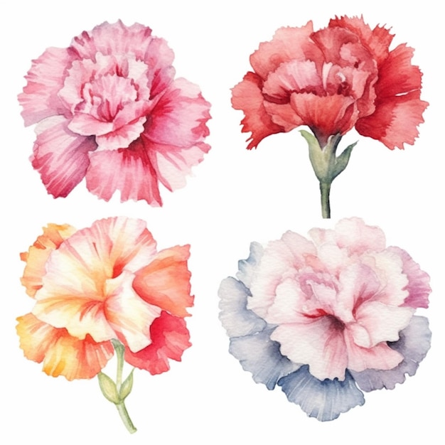 Four different colored flowers are shown in a row generative ai