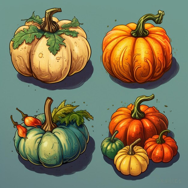 Four different colored pumpkins with leaves and leaves on them generative ai