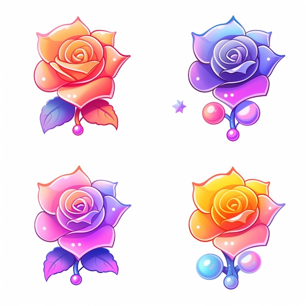 葉と泡が付いた 4 つの異なる色のバラの生成 AI