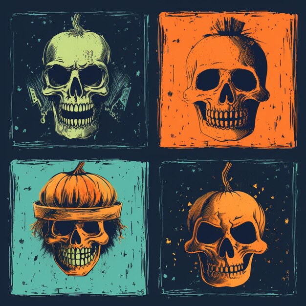 Photo four different colored skulls with different faces on them generative ai