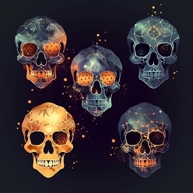 Photo four different colored skulls with different shapes and sizes generative ai