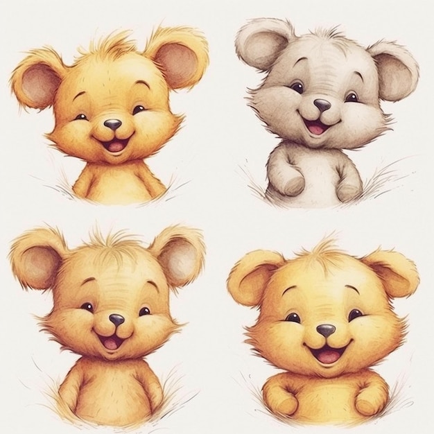 Four different colored teddy bears with different expressions on them generative ai