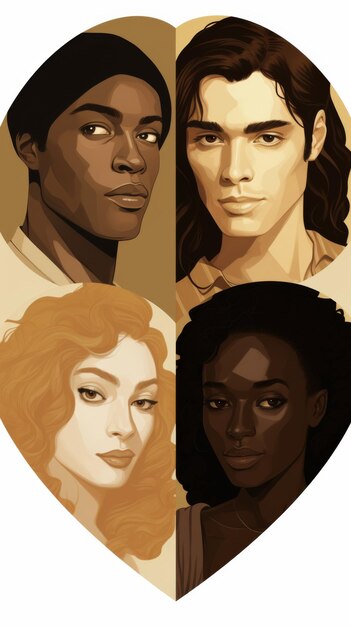 Four different colors of skin people make a heart Man and women Illustration Vertical orientation