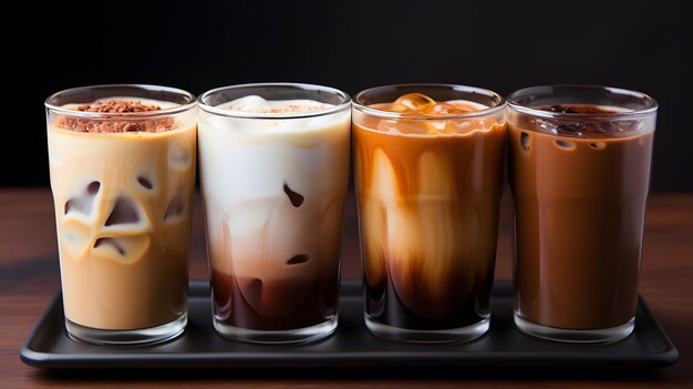 four different drinks are lined up on a tray on a table Generative AI