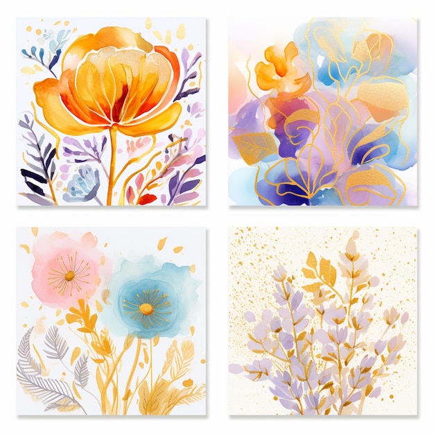 Four different floral cards with watercolor flowers and leaves generative ai