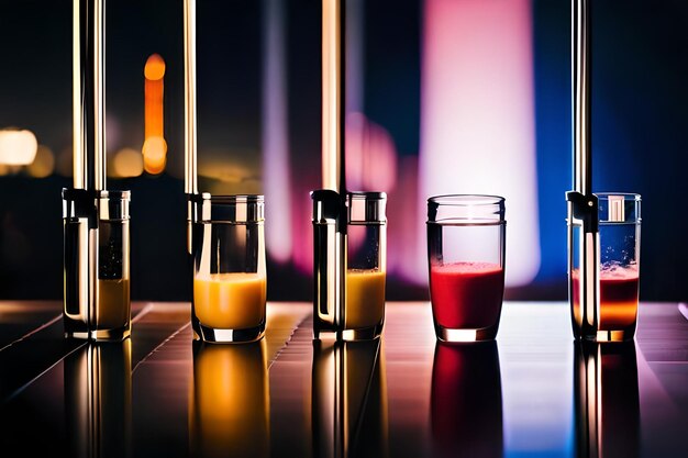 four different glasses of juice are on a bar.