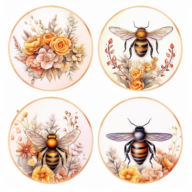 four different images of a bee with flowers and leaves generative ai