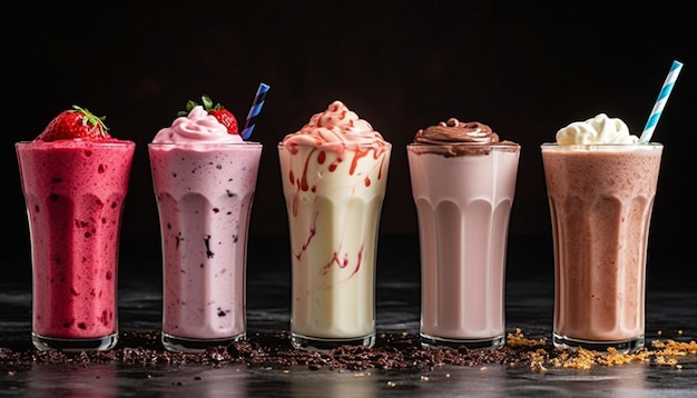 Four different milkshakes on a black table