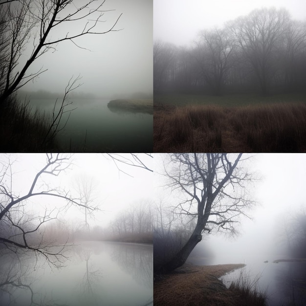 Four different pictures of trees and a lake