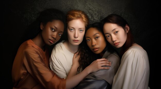 Foto quattro donne di diverse razze che indossano un vestito di seta con pelle di colori diversi e toni di pelle perfetti