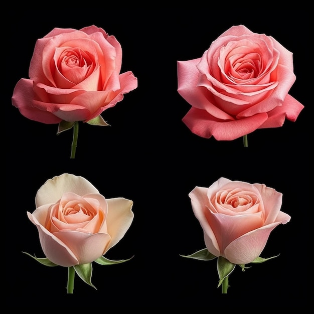 Four different roses are shown on a black background.