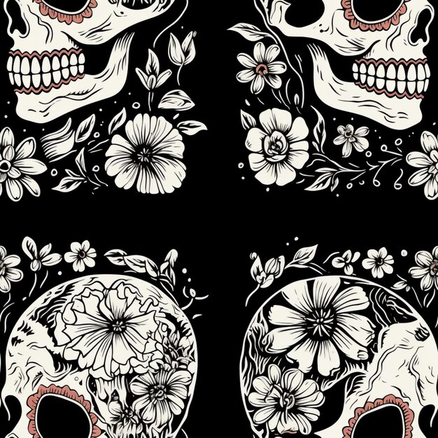 four different skulls with flowers and leaves on them generative ai