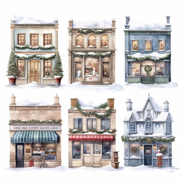 four different styles of buildings with christmas decorations on them generative ai