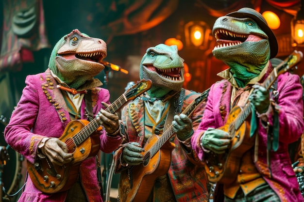 Four dinosaurs in suits play musical instruments