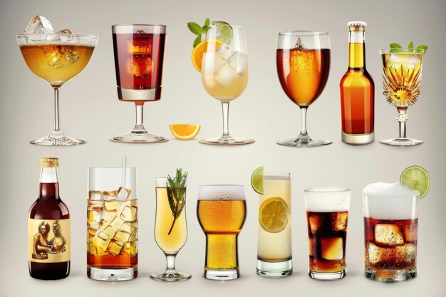 Photo four distinct types of beverages aligned in a row assortment of drink options concept