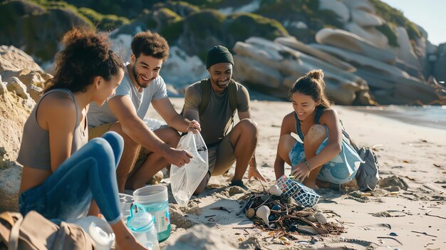 写真 4人の多様で魅力的な若者がビーチを掃除しています みんな笑顔で 環境を助けることに幸せそうに見えます